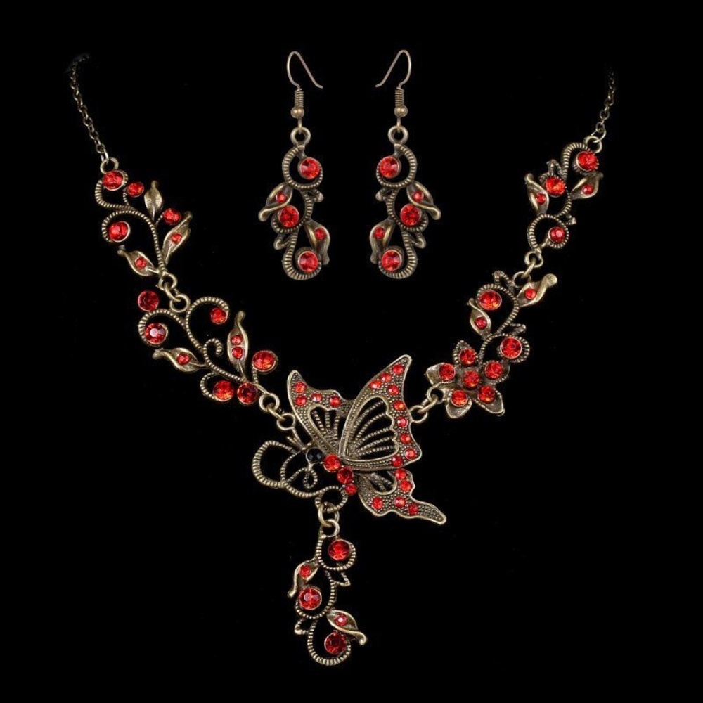 New RETRO RED RHINESTONE BUTTERFLY NECKLACE SET